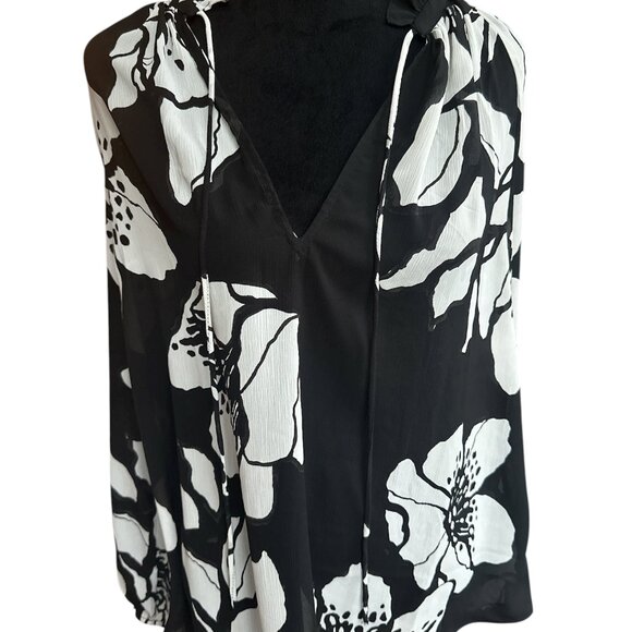 H&M Black & White Floral Sheer Ruffle Tie Neck Long Sleeve Blouse Large - Picture 1 of 6